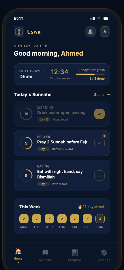 Uswa app showing daily Sunnah tracking with prayer times, habit streaks, and progress