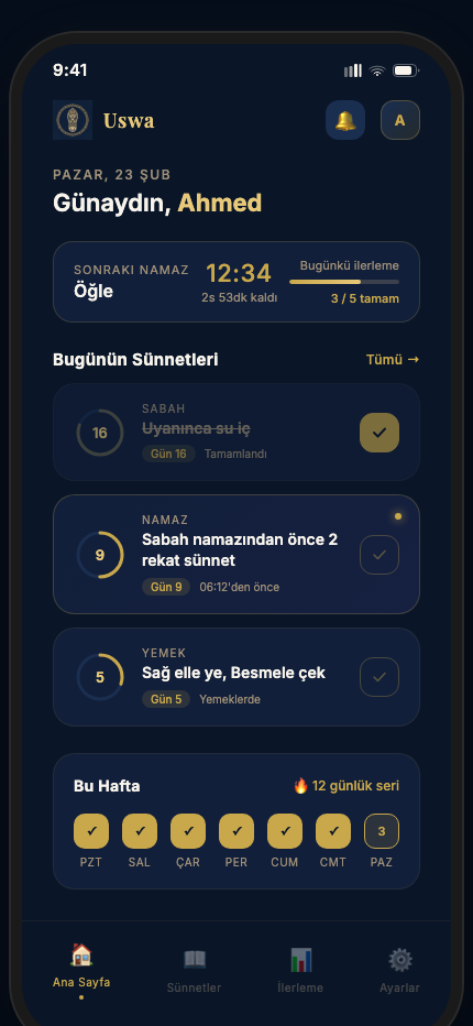 Uswa uygulaması — günlük sünnet takibi, namaz vakitleri ve ilerleme